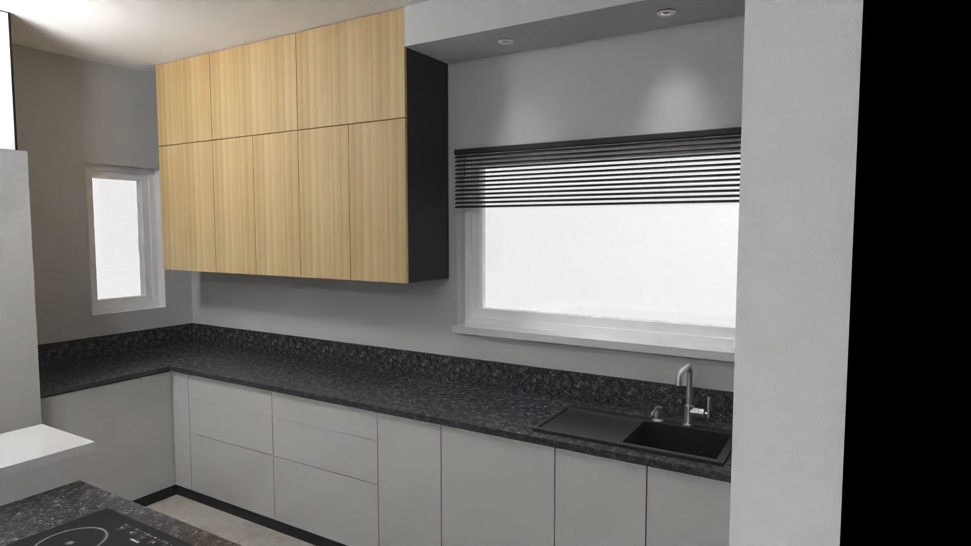 Wizualizacja nowoczesnej kuchni z drewnianymi szafkami górnymi i szarym blatem z czarnym zlewozmywakiem, uzupełniona oświetleniem sufitowym i roletami w oknie.