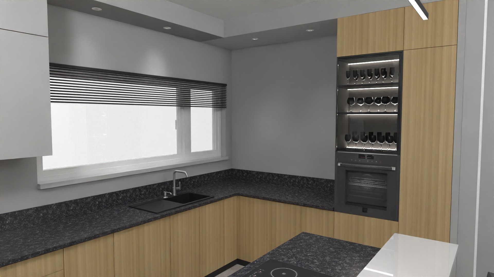 Wizualizacja nowoczesnej kuchni z drewnianymi szafkami, czarnym blatem, oknem z żaluzjami poziomymi i zabudowaną szafką na wino z piekarnikiem.
