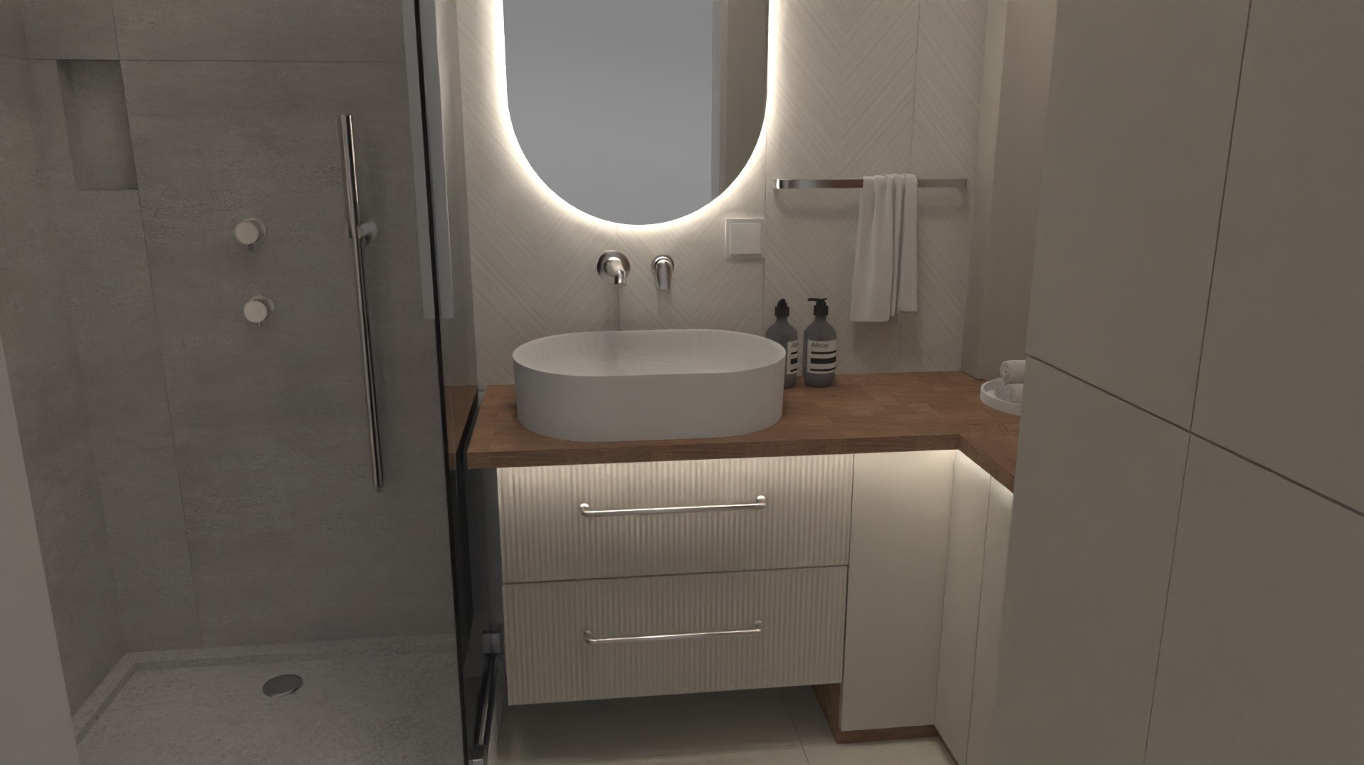 Nowoczesna łazienka z owalną umywalką nablatową, podświetlanym lustrem i kabiną prysznicową ze szklanymi drzwiami.