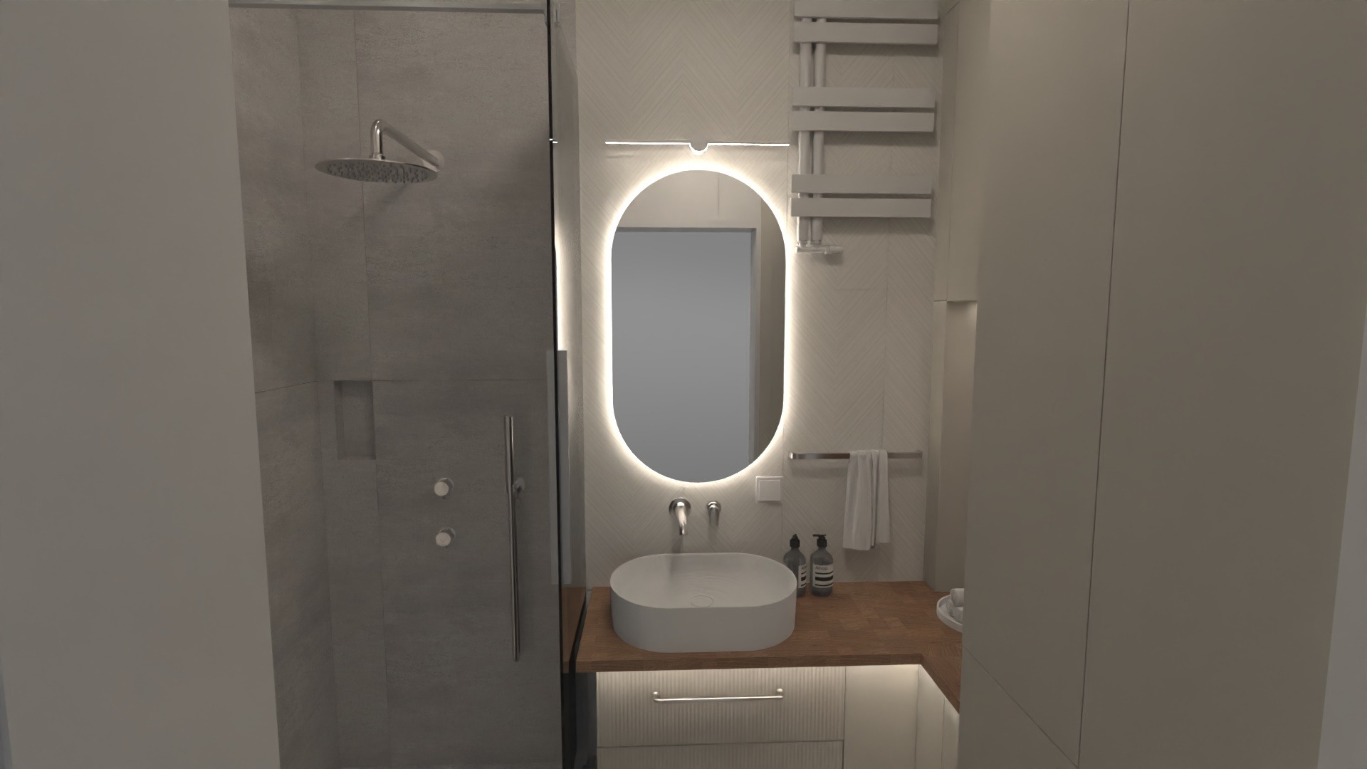 Nowoczesna łazienka z kabiną prysznicową typu walk-in, owalnym lustrem podświetlanym LED, umywalką nablatową i grzejnikiem drabinkowym.