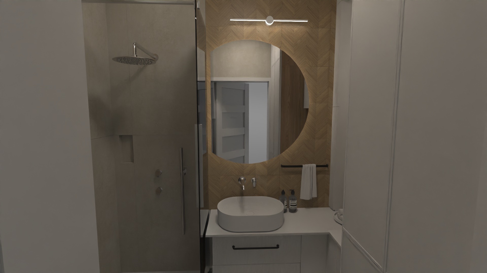 Wizualizacja łazienki z kabiną prysznicową typu walk-in, okrągłym lustrem podświetlonym LED, umywalką nablatową i drewnianą mozaiką na ścianie.
