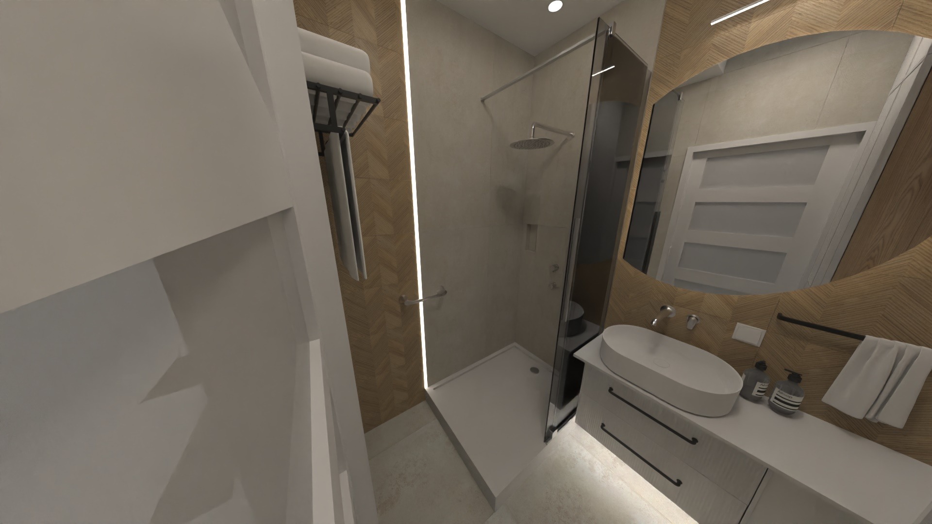 Nowoczesna łazienka z kabiną prysznicową typu walk-in, umywalką nablatową na szafce z szufladami i owalnym lustrem z widocznym odbiciem drzwi.