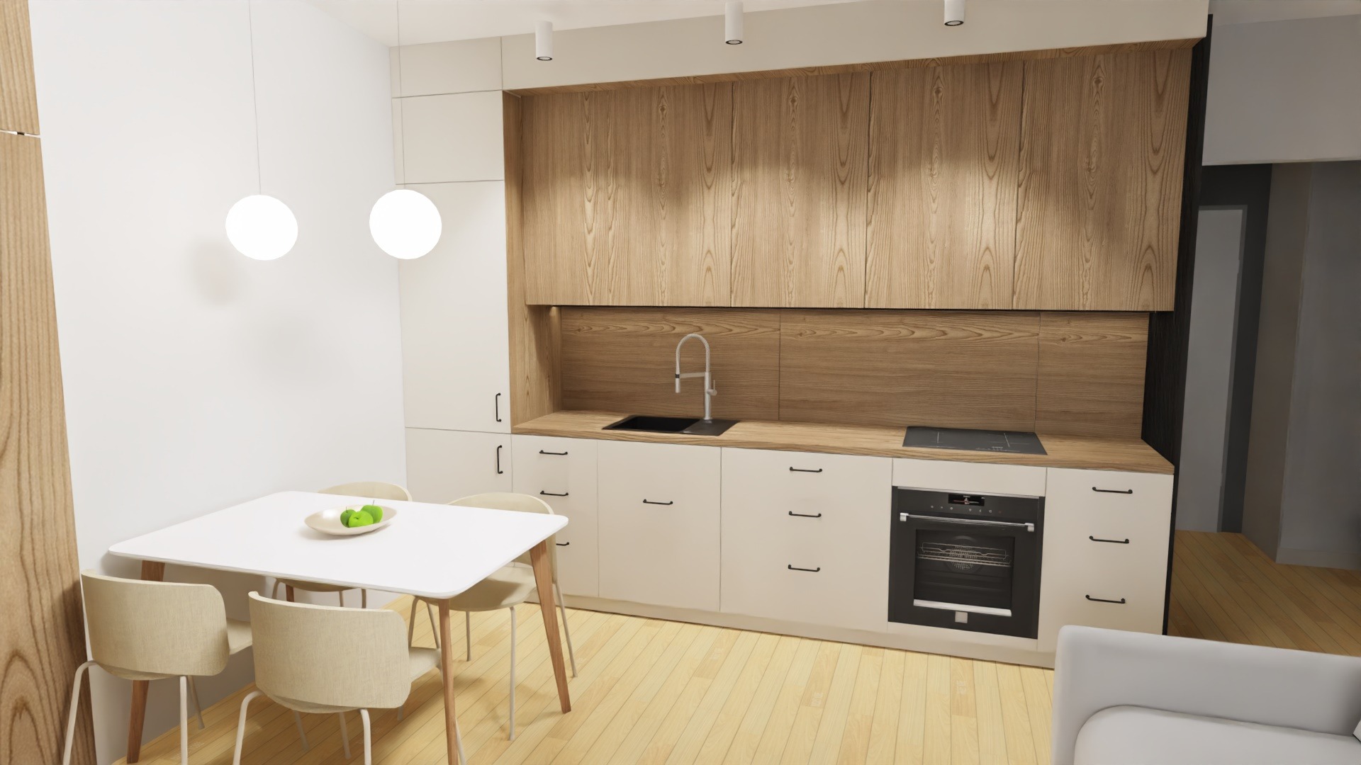 Wizualizacja jasnej kuchni z drewnianymi akcentami: białe szafki, drewniana zabudowa, stół z krzesłami i lampy kuliste.