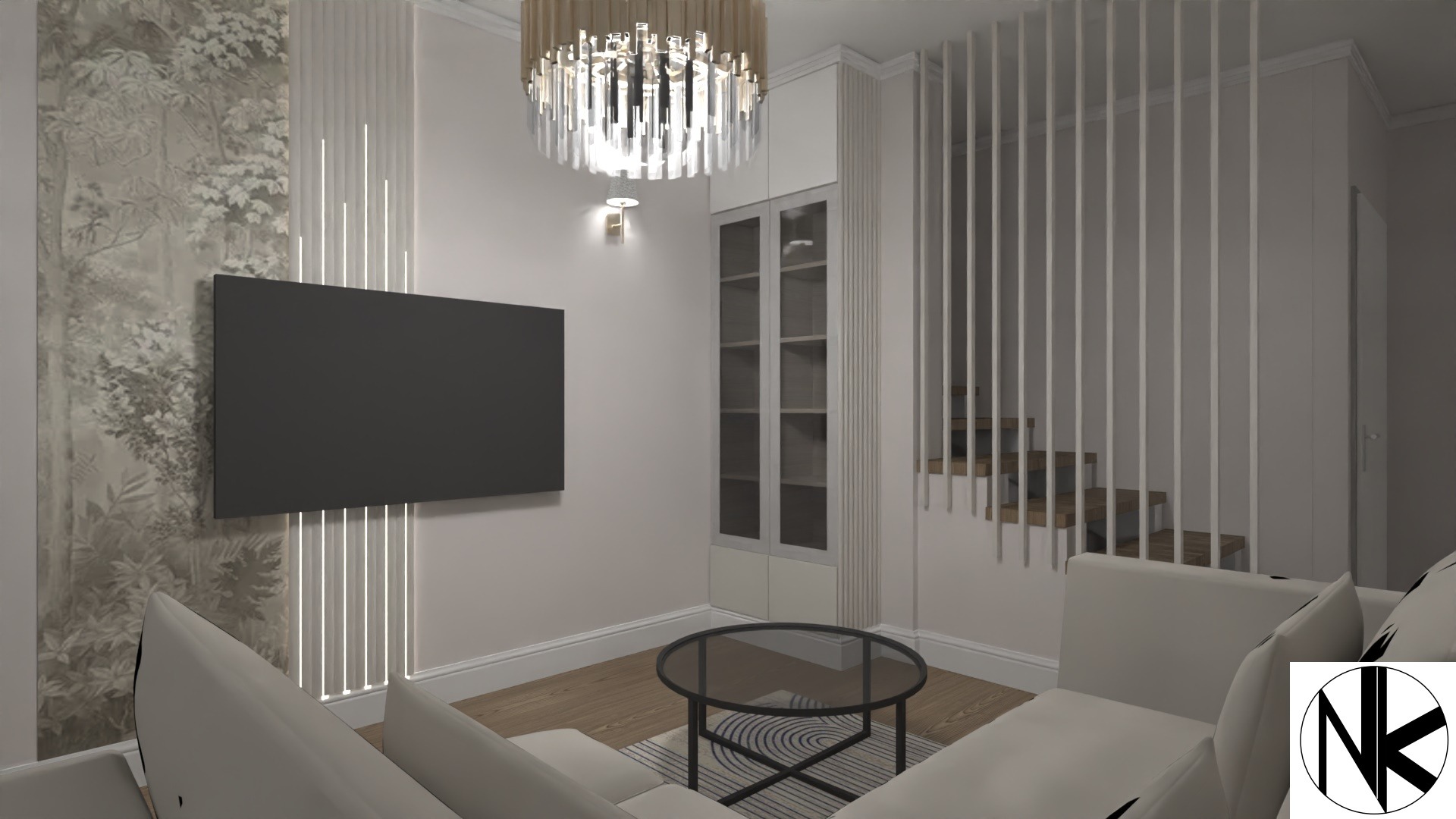Wizualizacja salonu w jasnych barwach z telewizorem na tle tapety w motywy roślinne, nowoczesny żyrandol i szklana szafka w zabudowie.