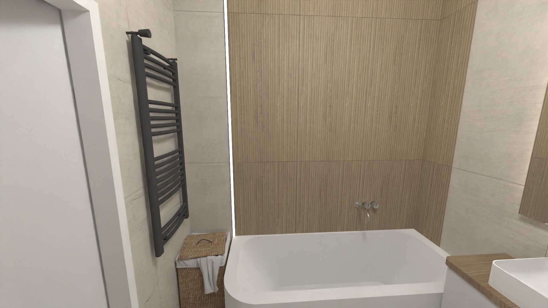Wizualizacja łazienki z wanną, grzejnikiem drabinkowym w kolorze grafitu, koszem na pranie z wikliny i płytkami imitującymi drewno na ścianie.
