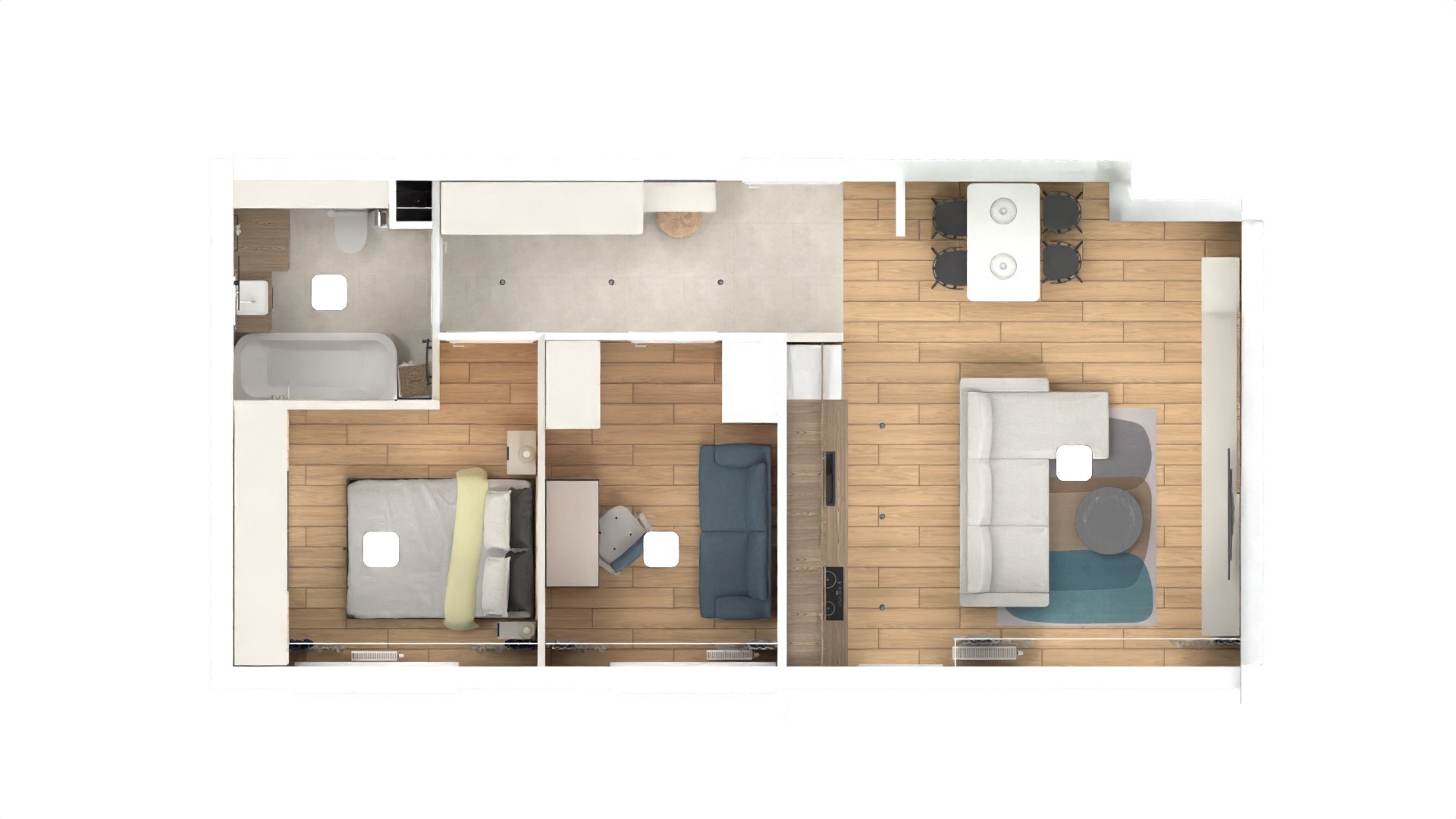 Rzut z góry na plan mieszkania z wyraźnie zaznaczoną łazienką, sypialnią, salonem z jadalnią i małym gabinetem, ukazujący układ funkcjonalny i rozmieszczenie mebli w jasnej kolorystyce.