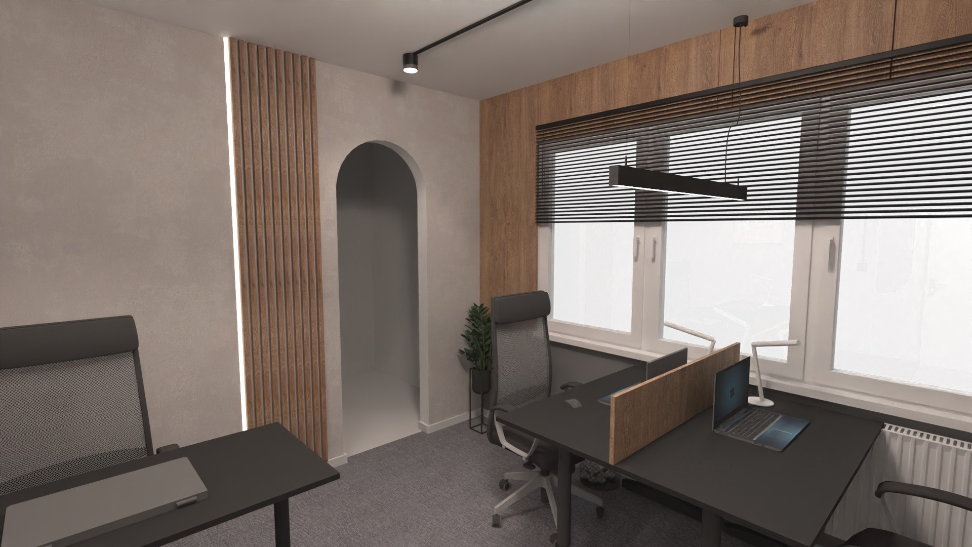 Wizualizacja nowoczesnego biura z dwoma stanowiskami pracy, szarymi biurkami, krzesłami z siatki, oknami z żaluzjami i dekoracyjnymi panelami ściennymi z podświetleniem LED.