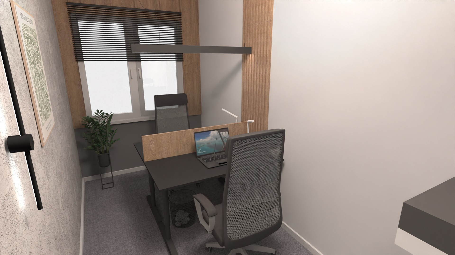 Wizualizacja małego biura z dwoma stanowiskami pracy oddzielonymi przegrodą, czarne biurka, ergonomiczne krzesła z siatki, rolety w oknie, lampa sufitowa i roślina doniczkowa.