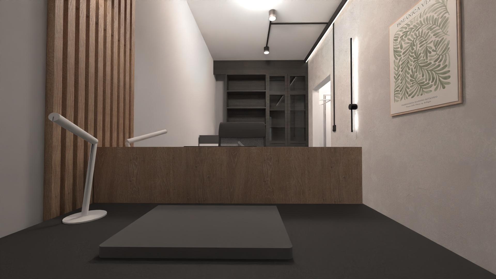 Wizualizacja biura z drewnianą ladą, minimalistycznymi lampami, półkami w tle i plakatem botanicznym na ścianie o betonowej fakturze.