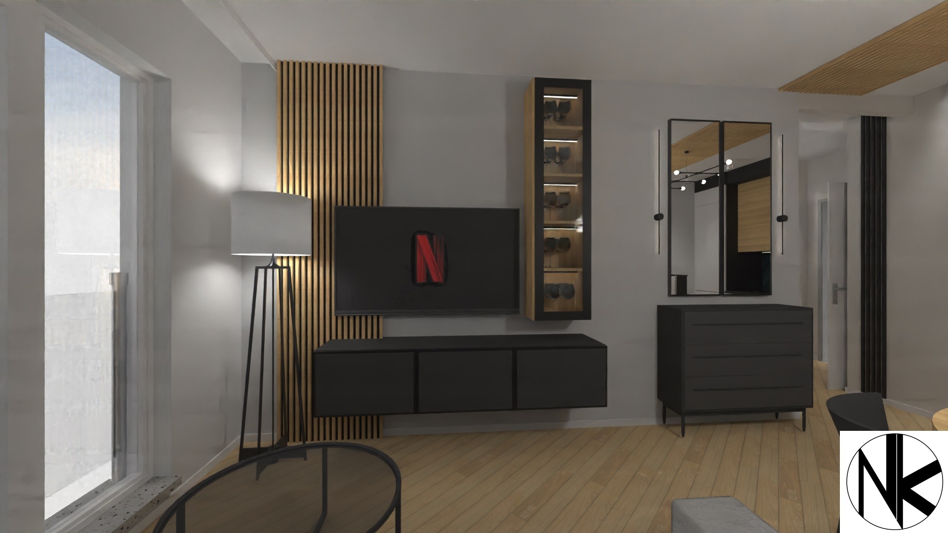Wizualizacja nowoczesnego salonu z drewnianymi lamelami na ścianie, czarnym telewizorem z logo Netflix, wiszącą szafką i komodą z lustrem w czarnej ramie.