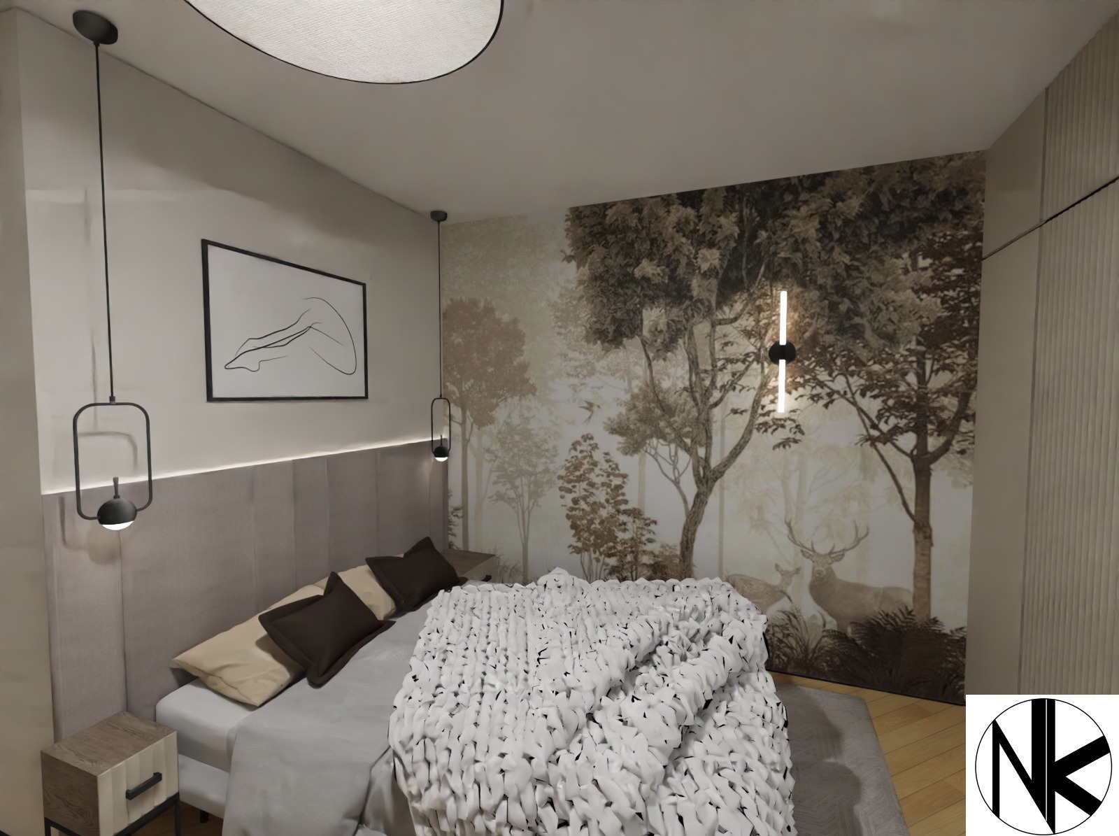 Nowoczesna sypialnia z tapetą leśną, czarnymi lampami wiszącymi i minimalistycznym obrazem nad łóżkiem.