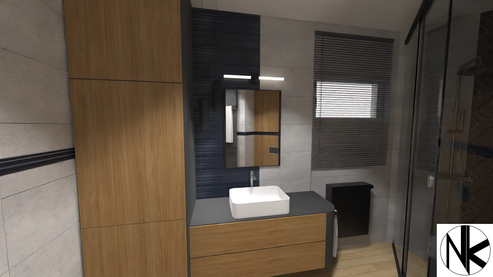 Wizualizacja nowoczesnej łazienki z drewnianymi szafkami, prostokątną umywalką nablatową, lustrem z oświetleniem LED i kabiną prysznicową z ciemną mozaiką.