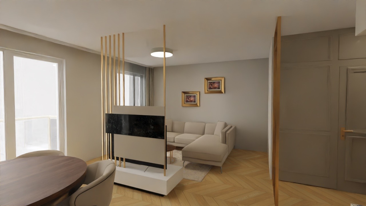 Wizualizacja przestronnego salonu z beżową sofą narożną, oddzielonego od jadalni ażurową ścianką z czarnym panelem, drewniany stół z krzesłami w jadalni, parkiet ułożony w jodełkę.