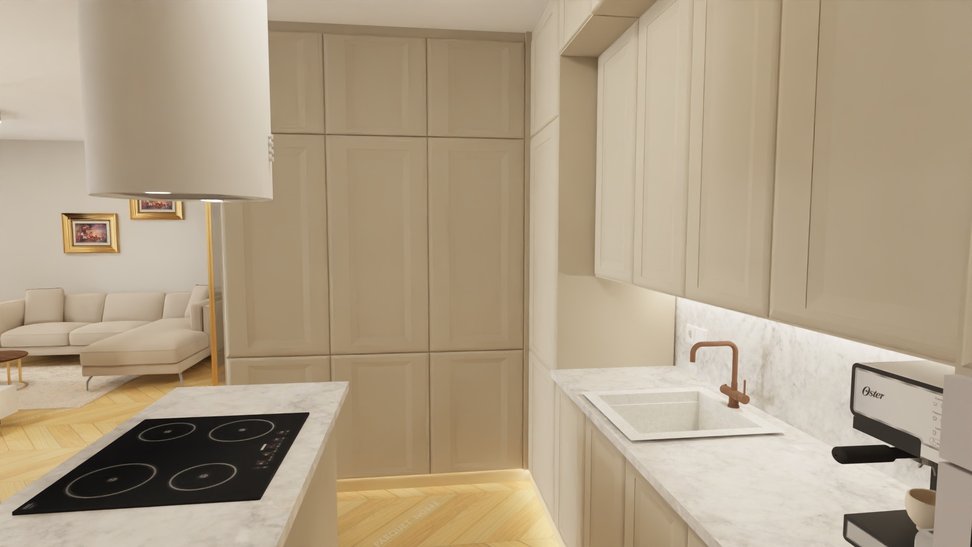 Jasna kuchnia z marmurowym blatem, płytą indukcyjną, minimalistycznym okapem i drewnianą podłogą w jodełkę, widok na salon z beżową sofą.