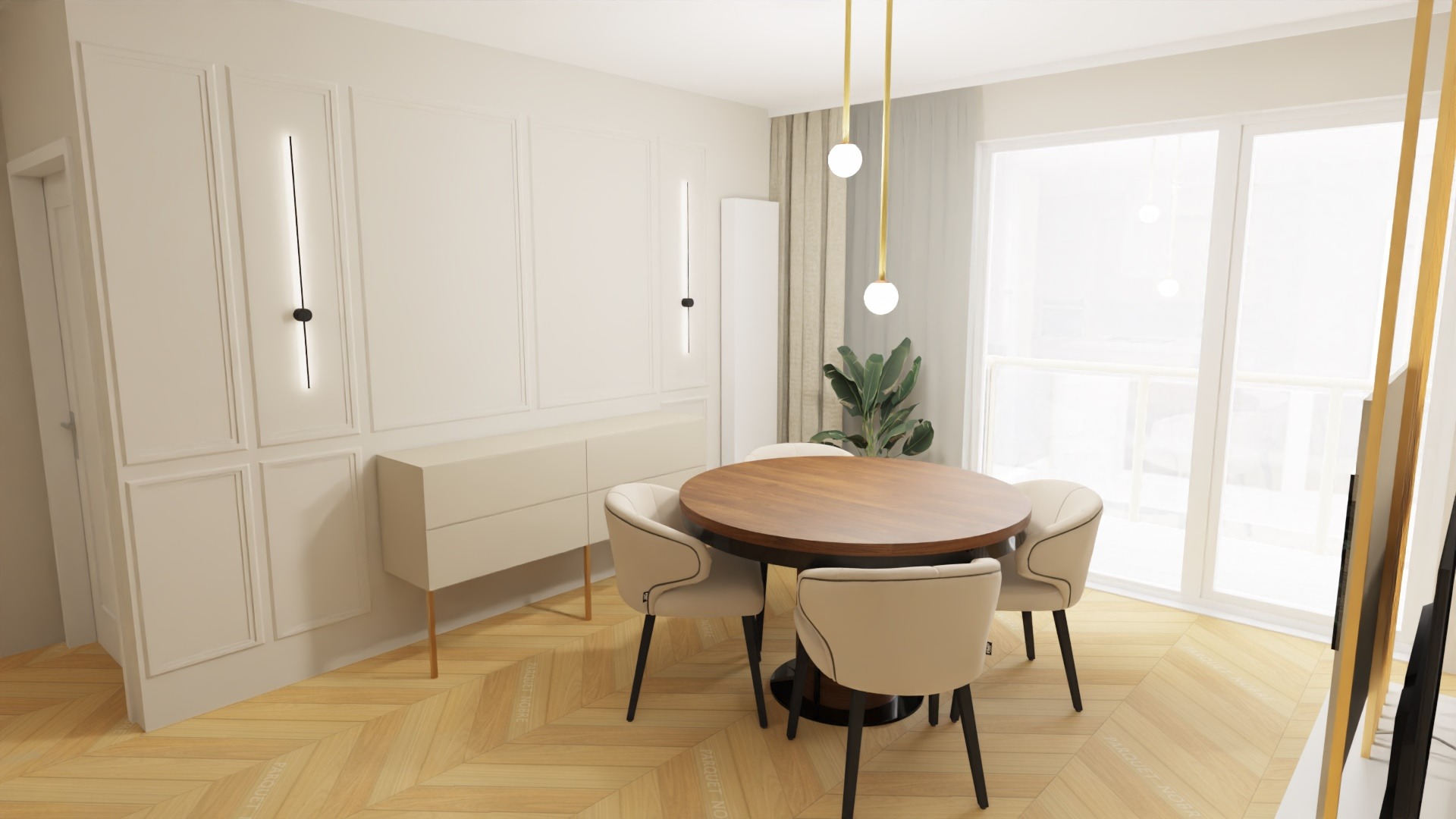 Jasna jadalnia z okrągłym drewnianym stołem otoczonym beżowymi krzesłami, parkiet w jodełkę, minimalistyczne oświetlenie ścienne i wiszące lampy kuliste.