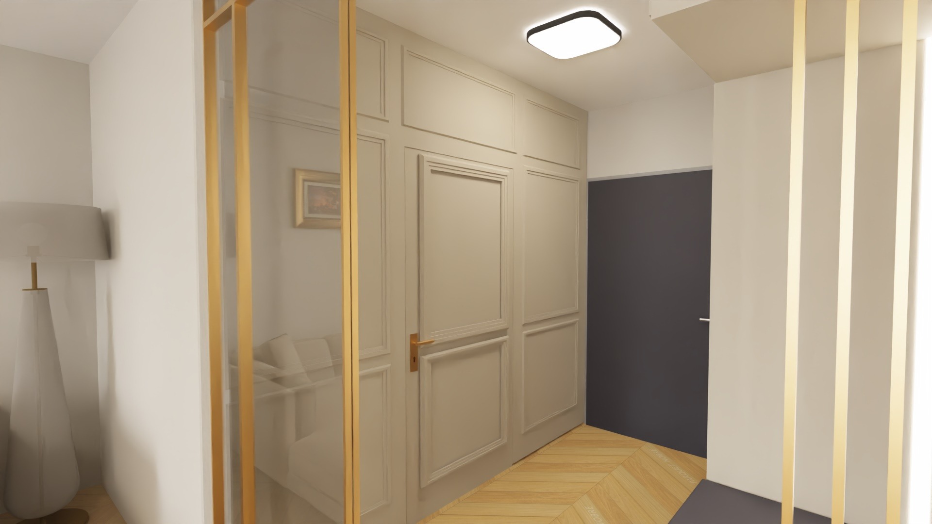 Nowoczesny przedpokój z beżowymi panelami ściennymi, drewnianą podłogą ułożoną w jodełkę i złotymi elementami dekoracyjnymi, widoczne drzwi wejściowe i fragment lampy.