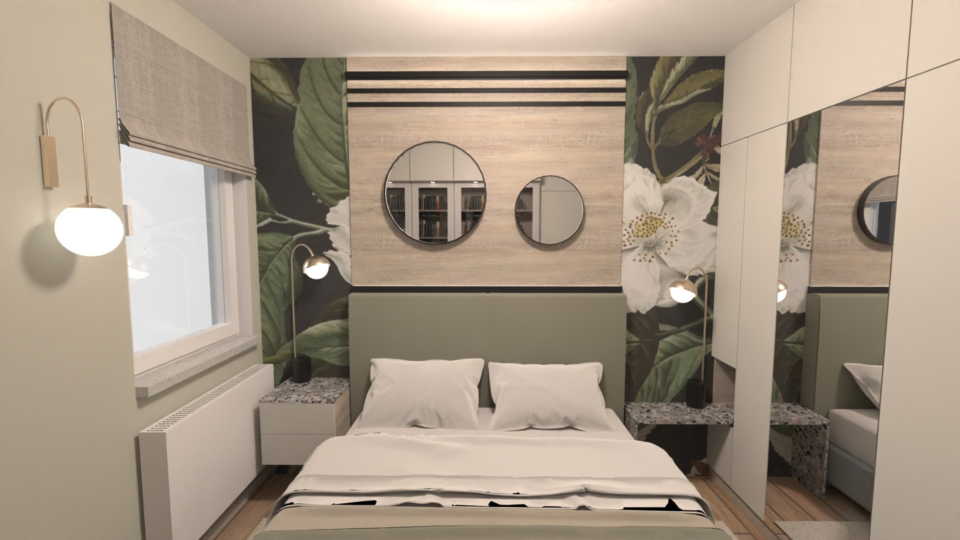 Wizualizacja sypialni z łóżkiem, szafkami nocnymi z lampkami, tapetą w kwiaty, drewnianą ścianą z okrągłymi lustrami i grzejnikiem pod oknem.