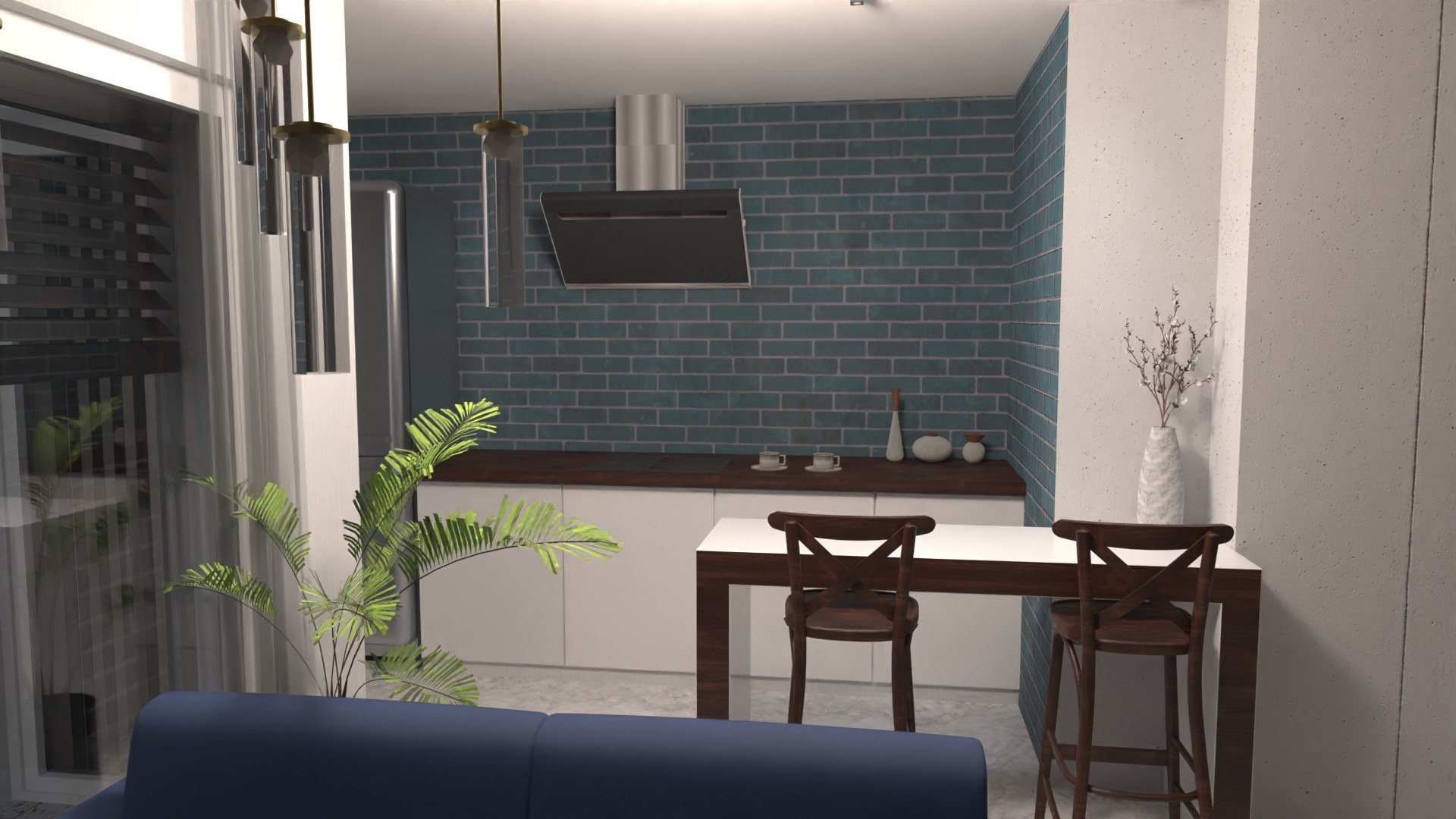 Wizualizacja kuchni w Poznaniu z niebieską cegłą na ścianie, białymi szafkami, drewnianym blatem, stołem barowym z krzesłami typu crossback oraz rośliną doniczkową w salonie.