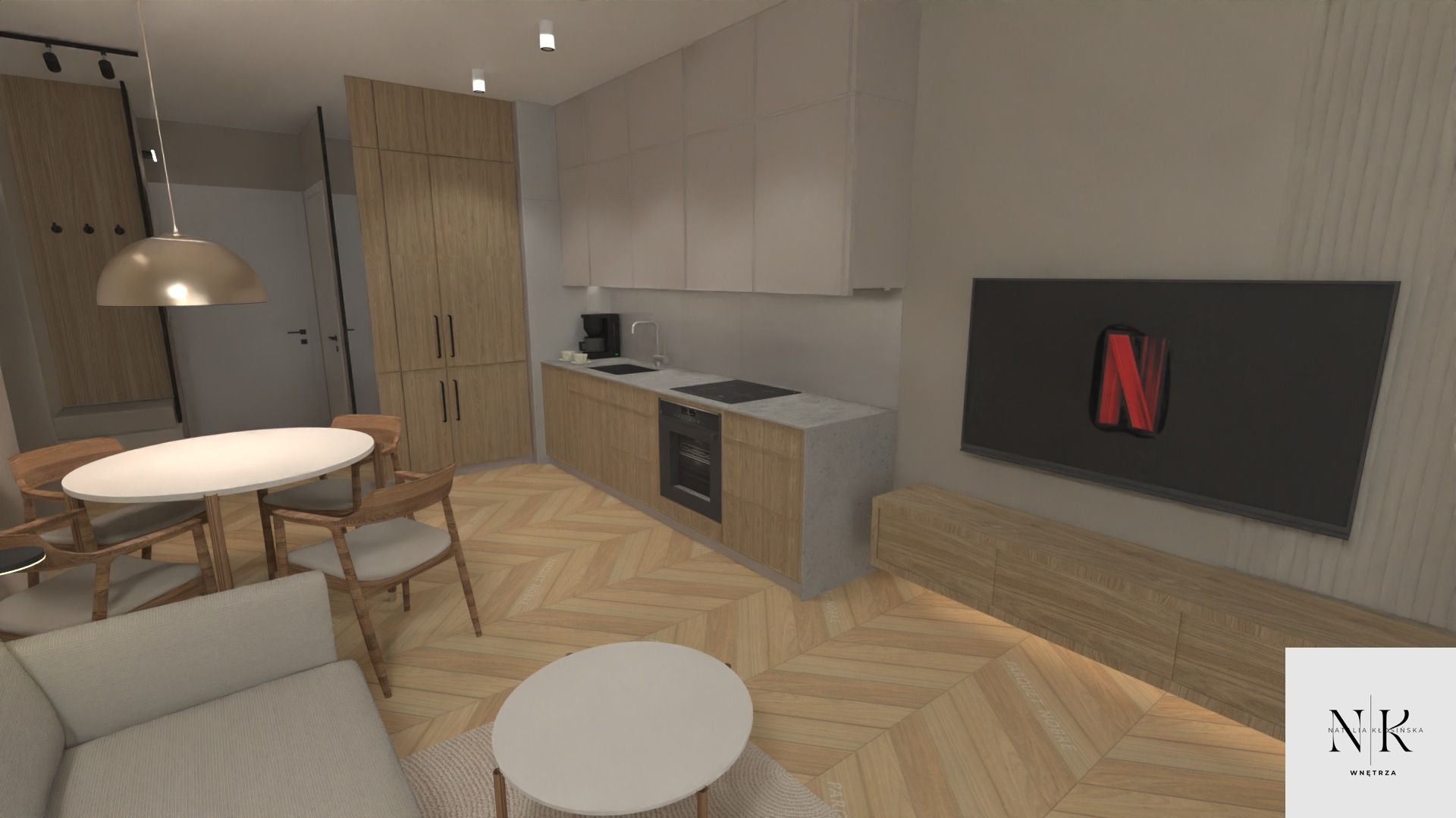 Wizualizacja wnętrza mieszkania z drewnianą podłogą w jodełkę, okrągłym stołem jadalnianym z krzesłami, aneksem kuchennym z drewnianymi frontami i szarym blatem oraz telewizorem z logo Netflix...
