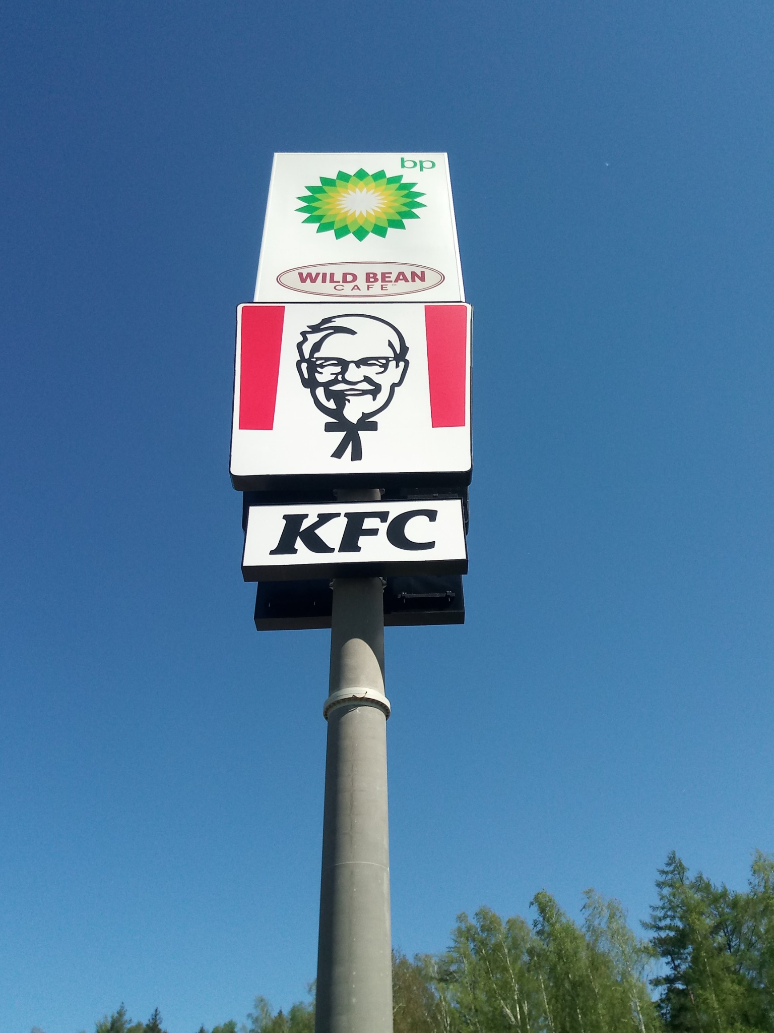 Wysoki pylon reklamowy z logotypami BP, Wild Bean Cafe i KFC na tle błękitnego nieba i zielonych drzew.