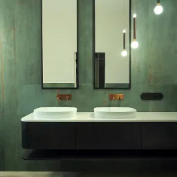 Nowoczesna łazienka z dwoma umywalkami nablatowymi, ciemną szafką pod umywalką, lustrami w czarnych ramach i zielono-złotymi płytkami na ścianach, oświetlona wiszącymi lampami z kulistymi kloszami.