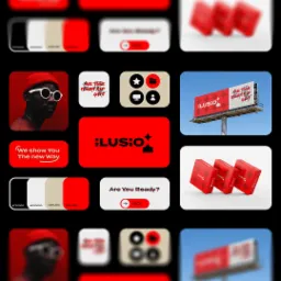 Kompozycja graficzna prezentująca elementy identyfikacji wizualnej marki: logo, billboard reklamowy z hasłem, paletę kolorów, ikonografię, opakowania produktów i wizerunek osoby, wszystko utrzymane...