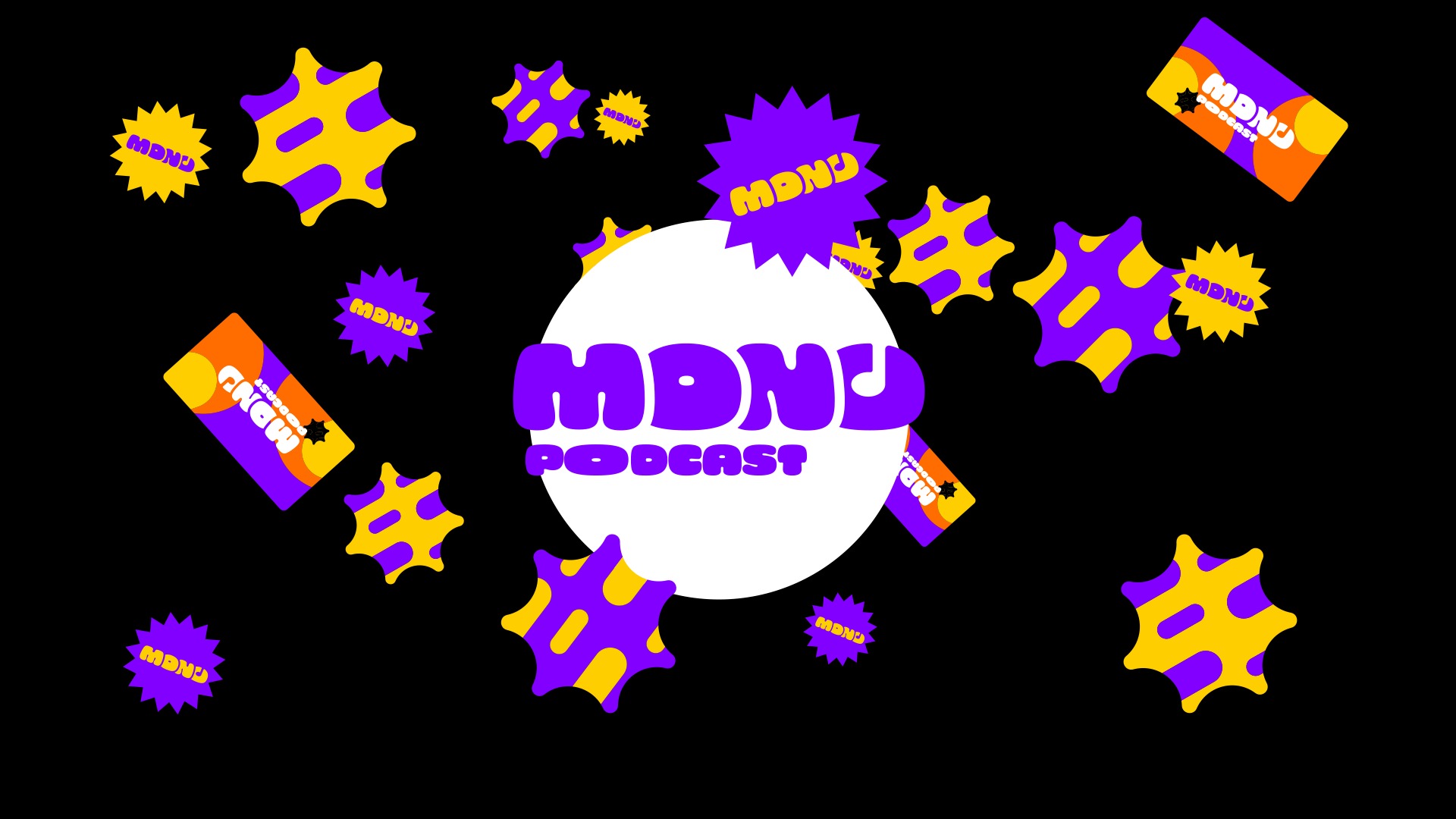 Abstrakcyjna kompozycja graficzna z logotypem 'MDNJ Podcast' na białym okręgu, otoczonym fioletowo-żółtymi, geometrycznymi kształtami na czarnym tle.