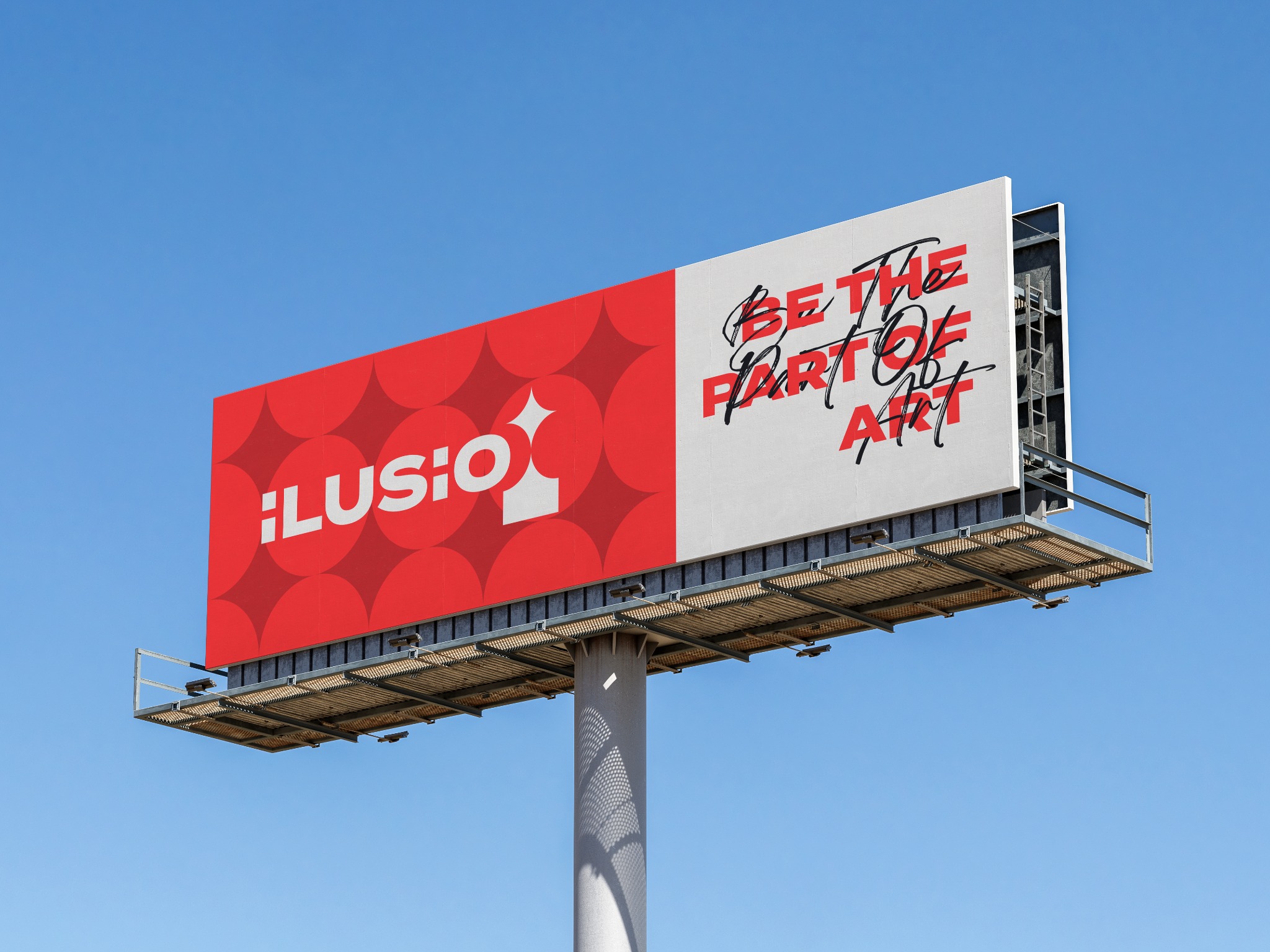 Billboard z dwuczęściowym projektem: czerwona część z powtarzającym się wzorem i napisem '!LUSIO!', biała część z napisem 'BE THE PART OF ART' w czcionce imitującej pismo odręczne na tle błękitnego...