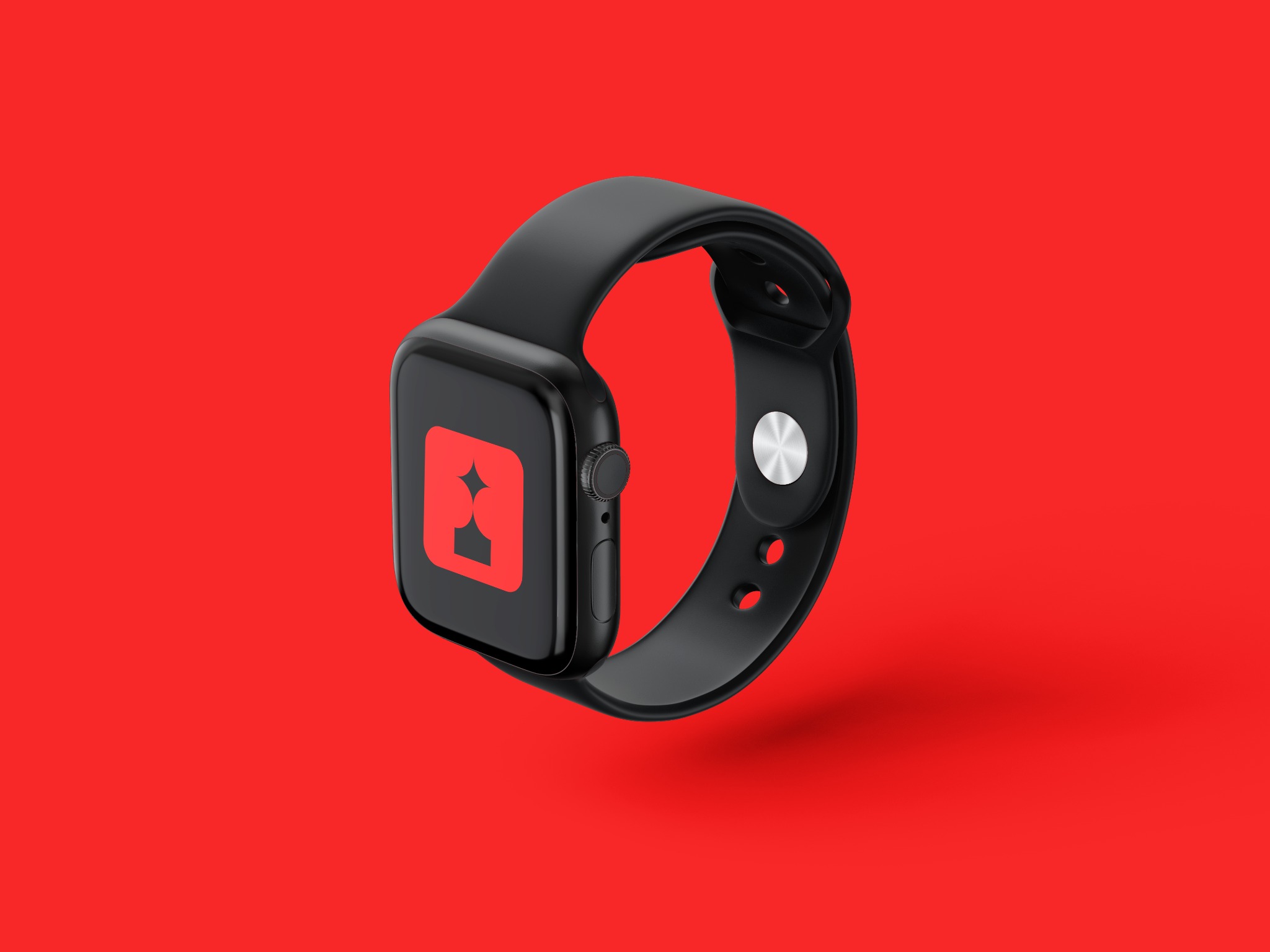 Czarny smartwatch z ikoną czerwonego logo w kwadracie na ekranie, na czerwonym tle.