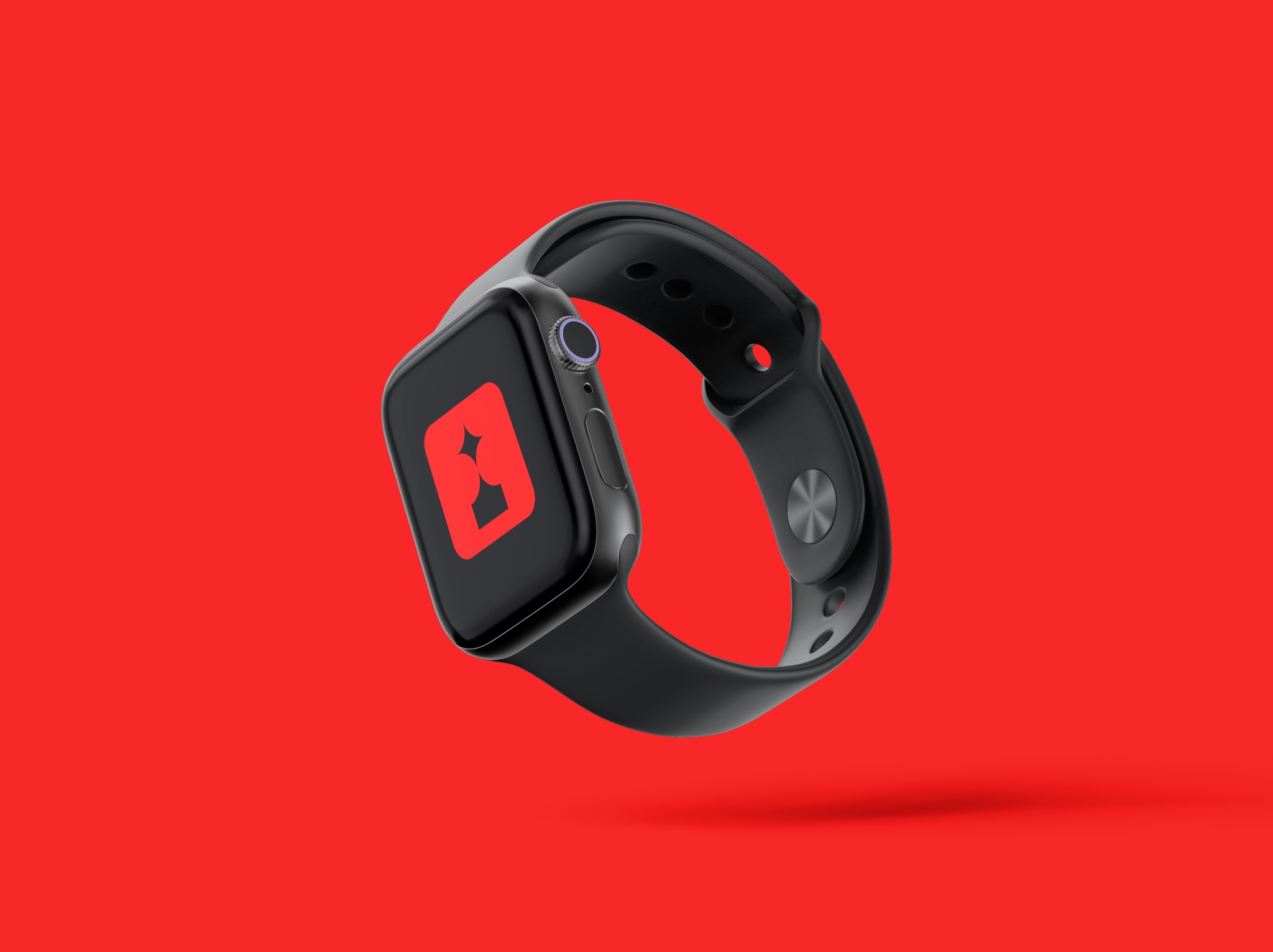 Czarny smartwatch z czerwonym logo w kształcie rombu z gwiazdą w środku, na czerwonym tle.