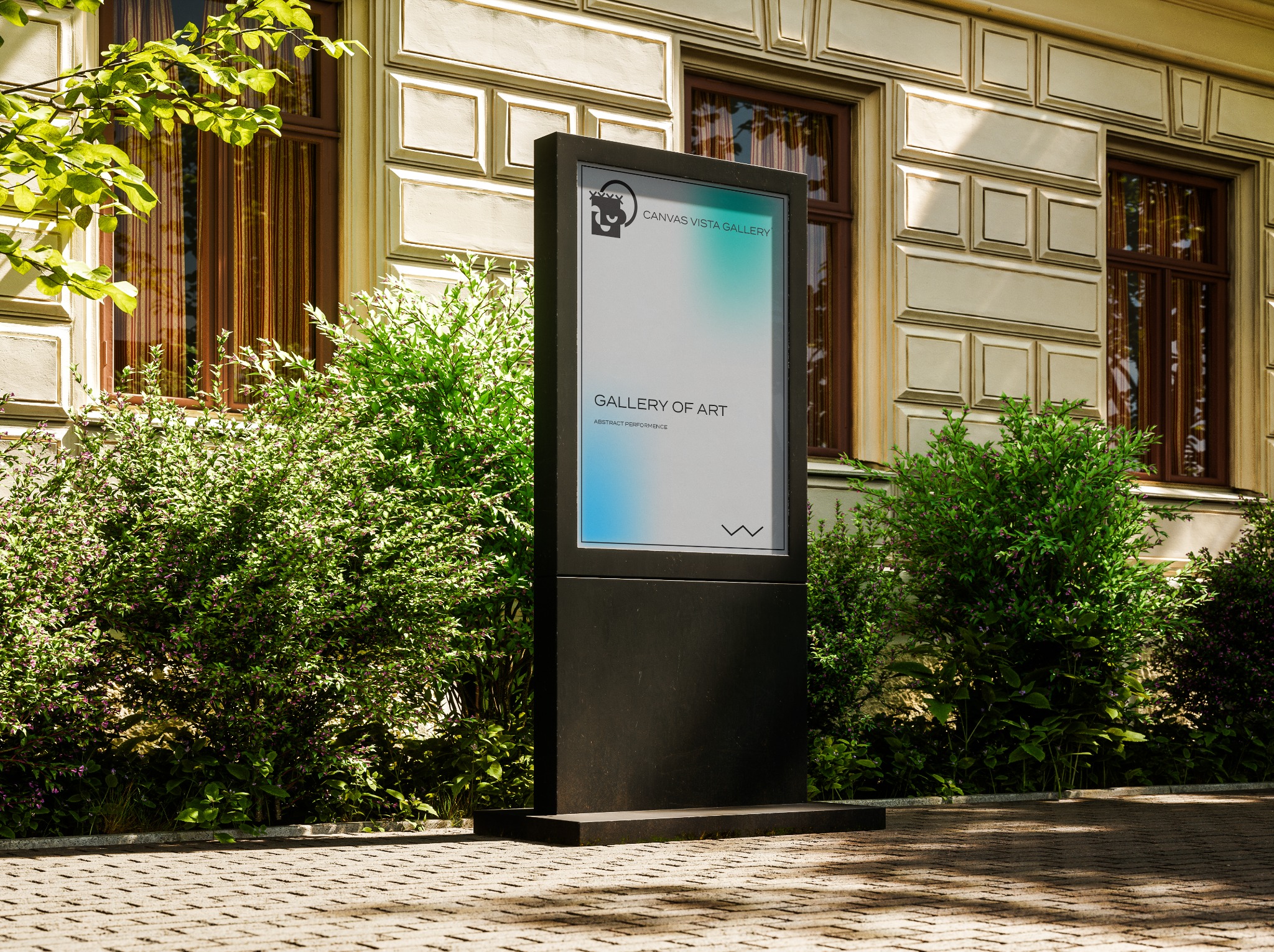 Elegancki pylon reklamowy z nazwą galerii sztuki 'Canvas Vista Gallery' i informacją o wystawie 'Gallery of Art Abstract Performance', umieszczony przed budynkiem z klasyczną architekturą i bujną...