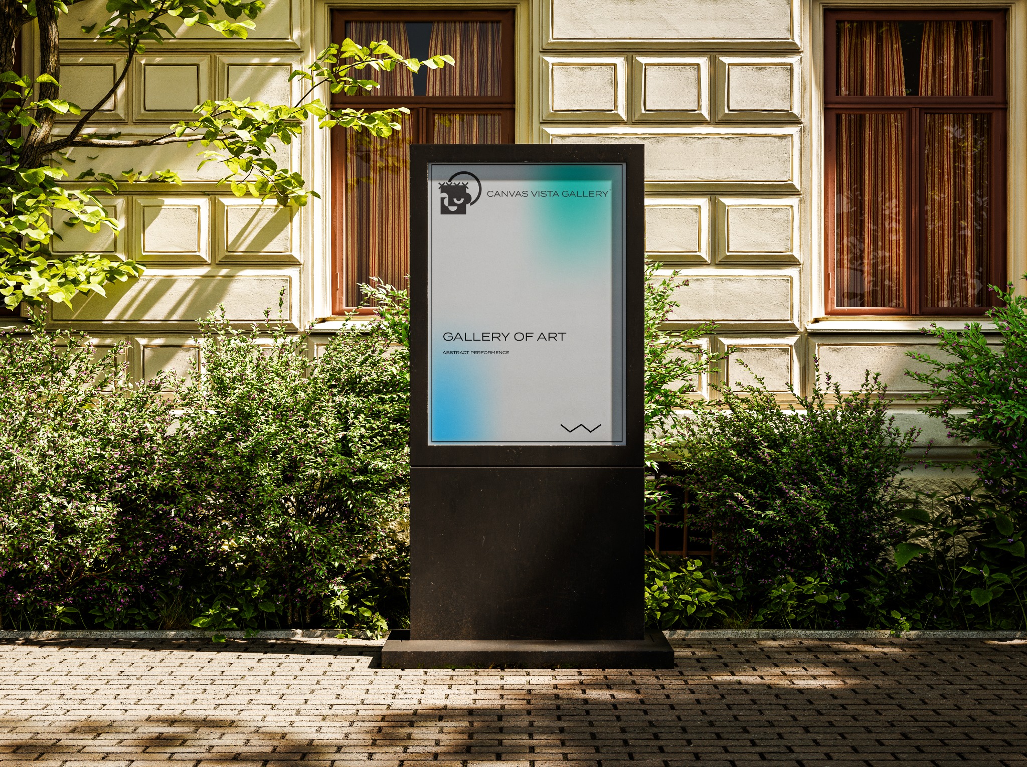 Elegancki pylon reklamowy z logo i nazwą 'Canvas Vista Gallery' oraz napisem 'Gallery of Art' na tle budynku z oknami i zielenią.