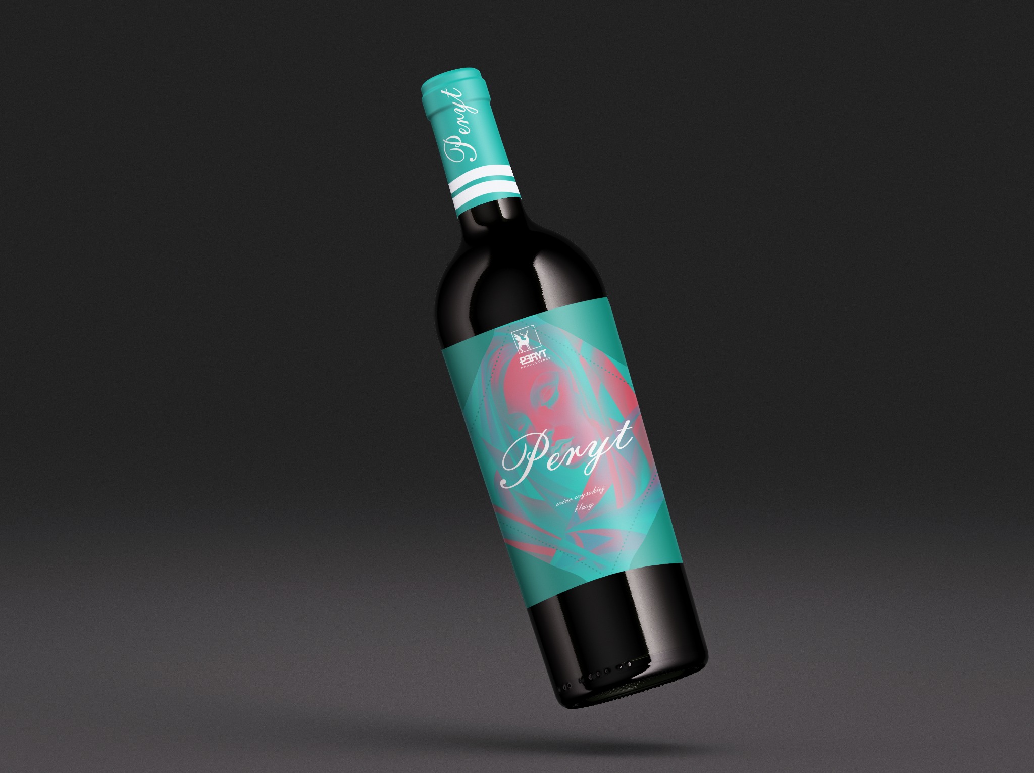 Butelka czerwonego wina z turkusową etykietą z abstrakcyjnym, różowym wzorem i napisem 'Peryt' na ciemnoszarym tle.