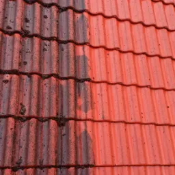 Częściowo umyty dach z czerwonej dachówki, widoczna wyraźna różnica między brudną a czystą powierzchnią.
