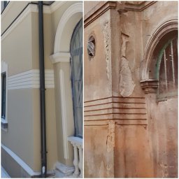 Majsterartsztukateria - Porównanie elewacji budynku przed i po renowacji: od zniszczonego tynku z ubytkami do gładkiej, beżowej powierzchni z dekoracyjnymi elementami.