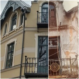 Majsterartsztukateria - Porównanie odnowionej i zaniedbanej elewacji kamienicy z detalami architektonicznymi, ukazujące efekt renowacji.