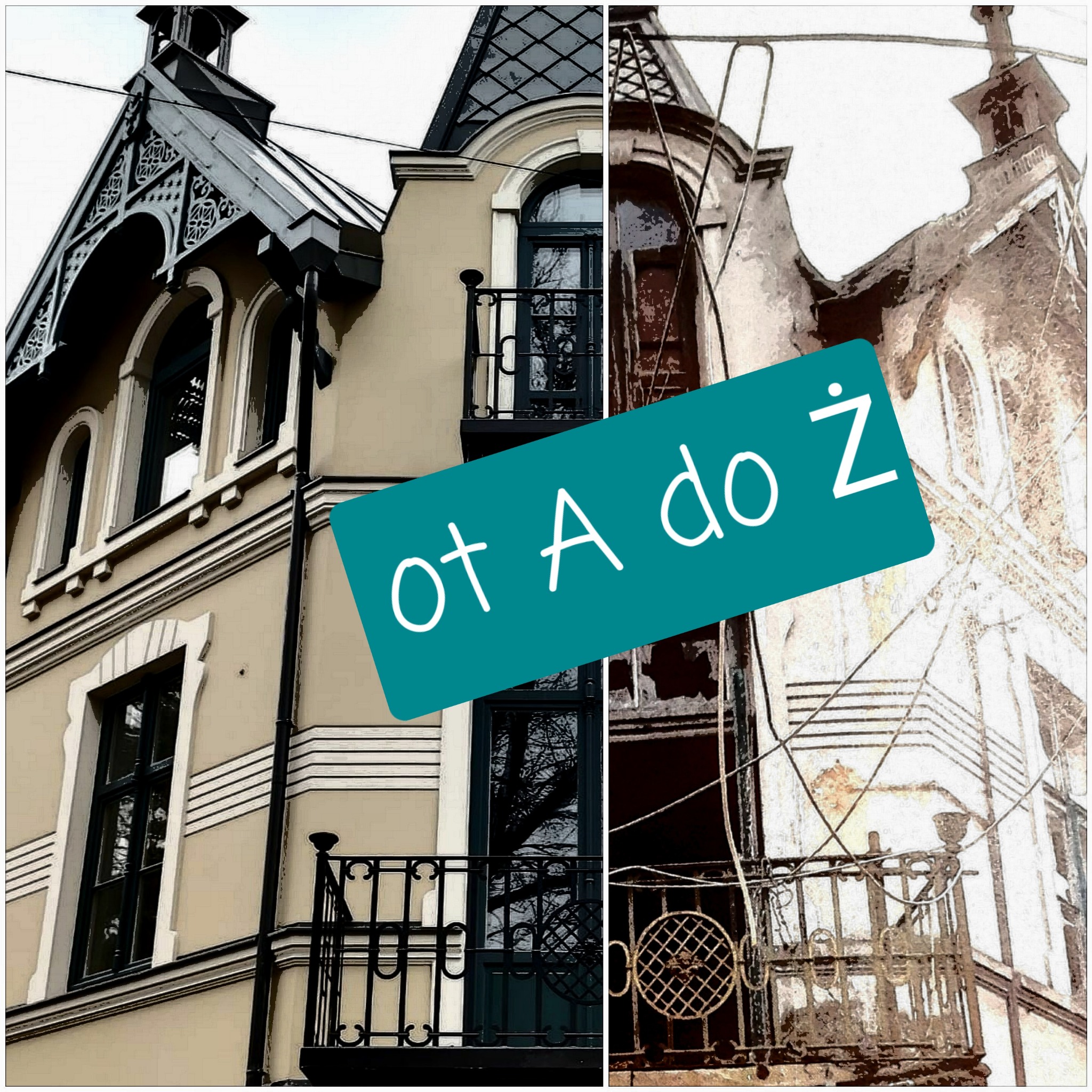 Porównanie odnowionej i zniszczonej fasady kamienicy z elementami dekoracyjnymi, balkonami i oknami.