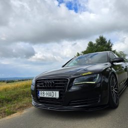 SPEED HADI TAXI MATEUSZ HADAŁA - Czarna limuzyna Audi A8 z rejestracją R8 HADI, zaparkowana na poboczu drogi z widokiem na krajobraz, z naklejką 'SPEED HADI' na reflektorze.
