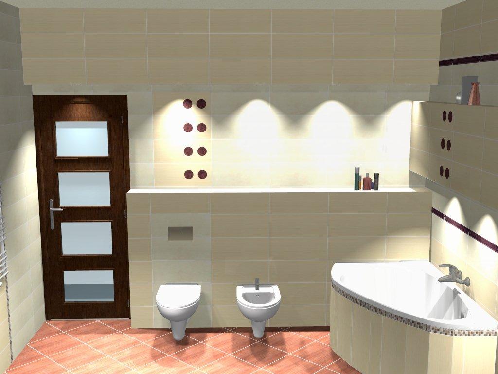 Wizualizacja łazienki z dwoma toaletami, narożną wanną i brązowymi płytkami podłogowymi oraz beżowymi płytkami ściennymi z dekoracyjnymi czarnymi elementami.