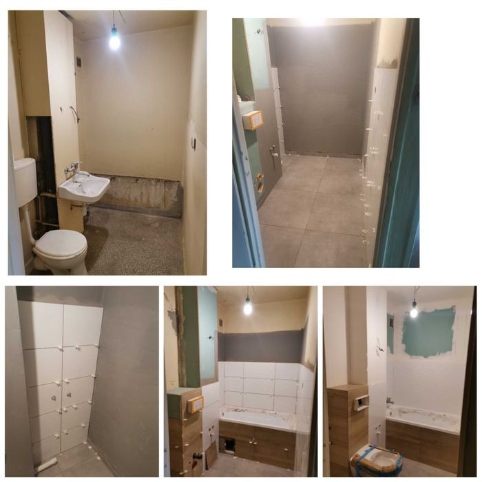 Mozaika zdjęć przedstawiająca etapy prac w łazience: od stanu początkowego zdemontowanego wyposażenia, przez układanie płytek podłogowych i ściennych, po montaż szafek pod umywalką i częściowe...