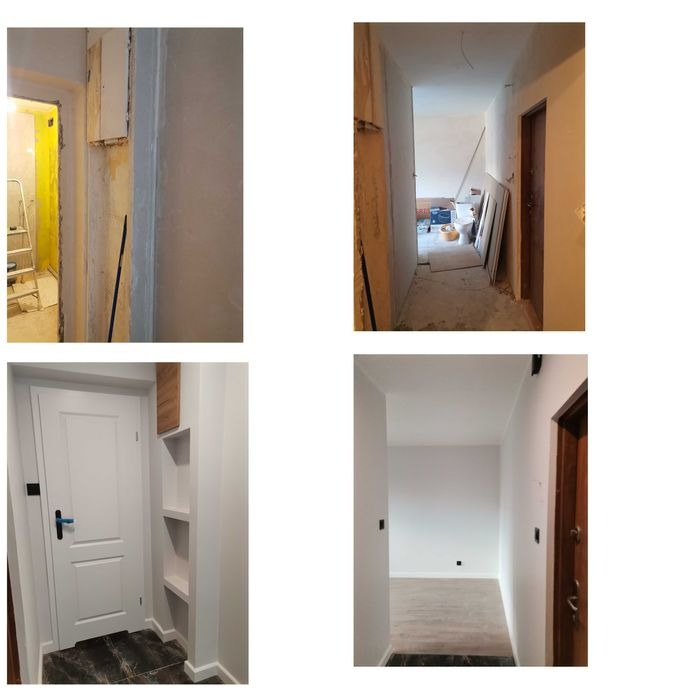 Kolaż przedstawiający korytarz w czterech etapach: początkowy stan z żółtą ścianą i drabiną, surowy stan z widocznymi narzędziami i materiałami, wykończona biała ściana z nową białą stolarką...