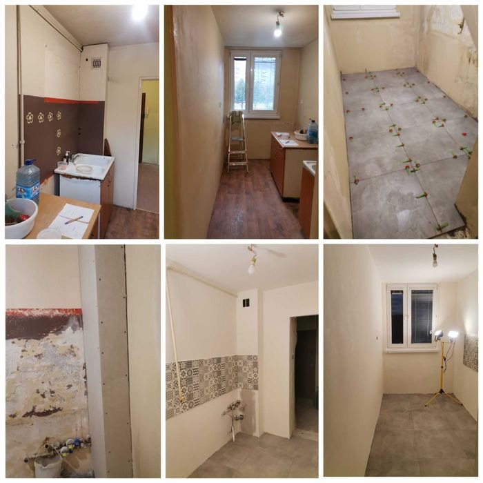 Seria zdjęć przedstawiająca etapy prac remontowych w pomieszczeniu: od stanu początkowego z widocznymi śladami użytkowania i demontażu, przez wyrównywanie ścian gładzią, układanie płytek...