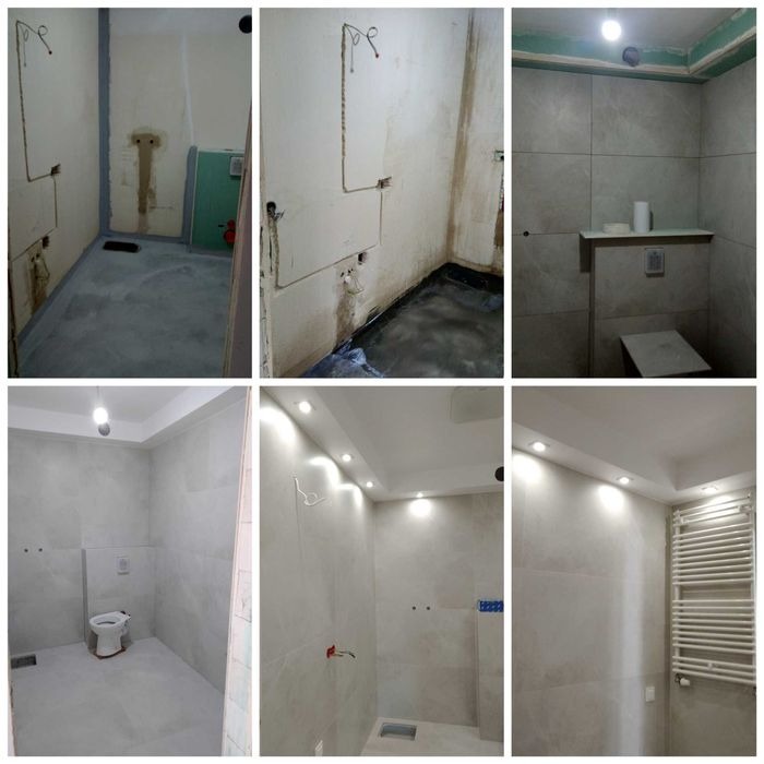 Seria zdjęć prezentująca etapy remontu łazienki: od surowych ścian z wystającymi kablami i wylewką na podłodze, po wykończoną łazienkę z szarymi płytkami, oświetleniem punktowym, toaletą...
