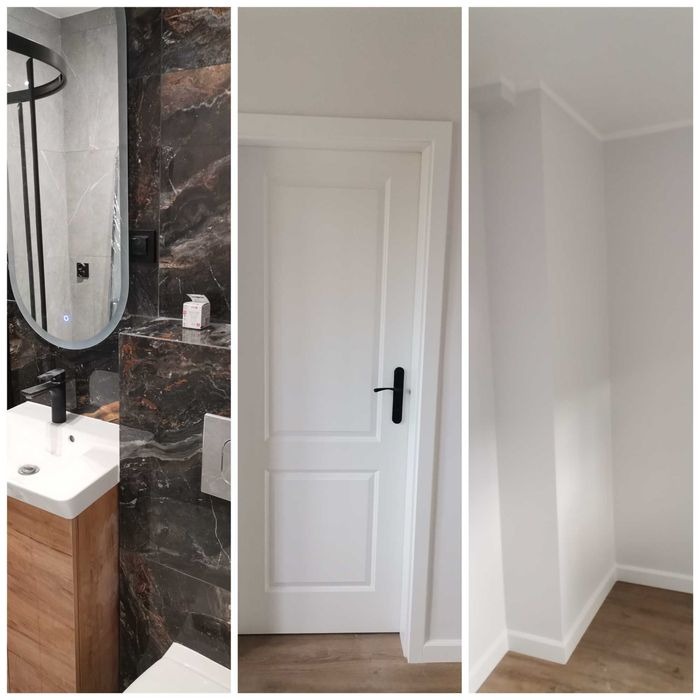 Nowoczesna łazienka w Warszawie z umywalką nablatową, lustrem z podświetleniem i marmurowymi płytkami, obok białe drzwi wewnętrzne i fragment pomalowanego na biało pomieszczenia z listwami...