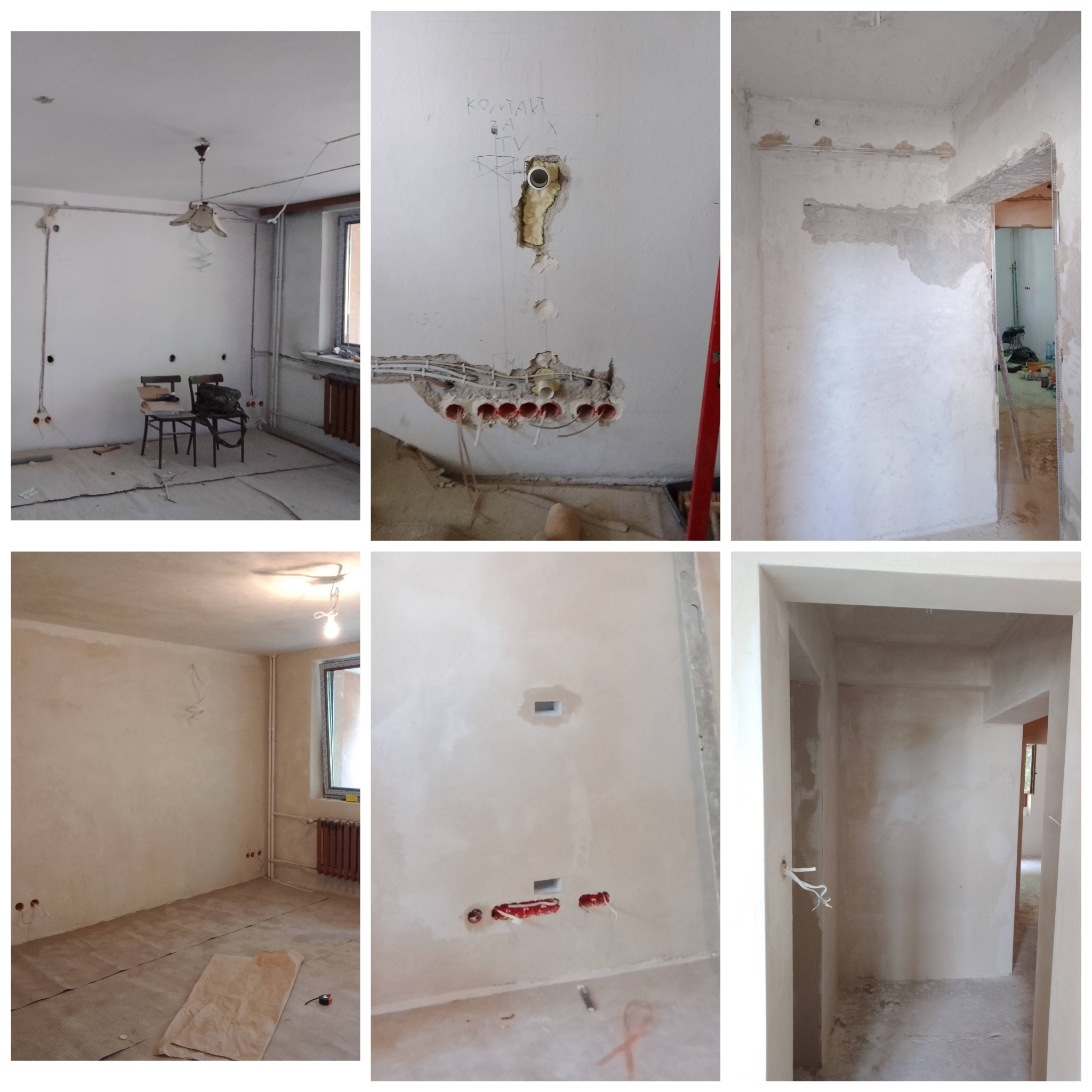 Wnętrze w trakcie gruntownego remontu: ściany po nałożeniu gładzi, przygotowane pod malowanie, z widocznymi instalacjami elektrycznymi w korytach i puszkach, oraz odsłoniętymi przewodami...