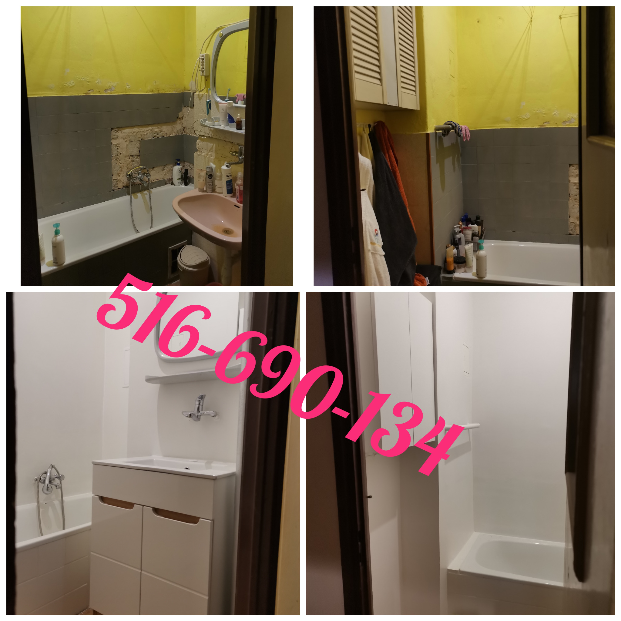 Kolaż dwóch zdjęć łazienki przed i po remoncie: żółte ściany z częściowo usuniętymi płytkami i różową umywalką kontra białe ściany, umywalka w szafce i wanna