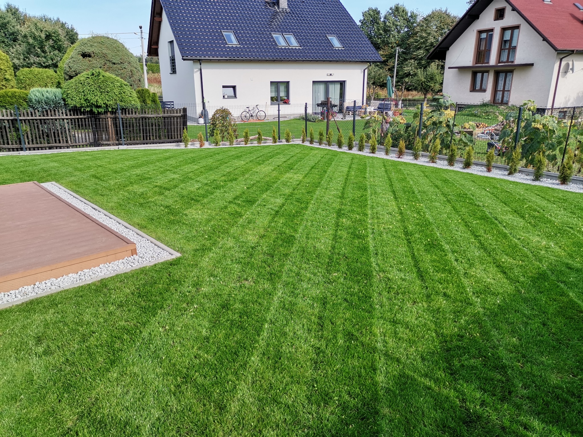 Perfekcyjnie utrzymany trawnik z wyraźnymi pasami koszenia, obrzeża z białego żwiru, młode tuje wzdłuż ogrodzenia, drewniany taras z żwirowym obramowaniem, w tle dom z ciemnym dachem i rower oparty...