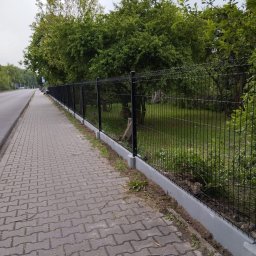 Artcast - Długi, czarny panel ogrodzeniowy z betonową podmurówką, ciągnący się wzdłuż chodnika z kostki brukowej, za nim zieleń drzew i krzewów. Perspektywa z boku.