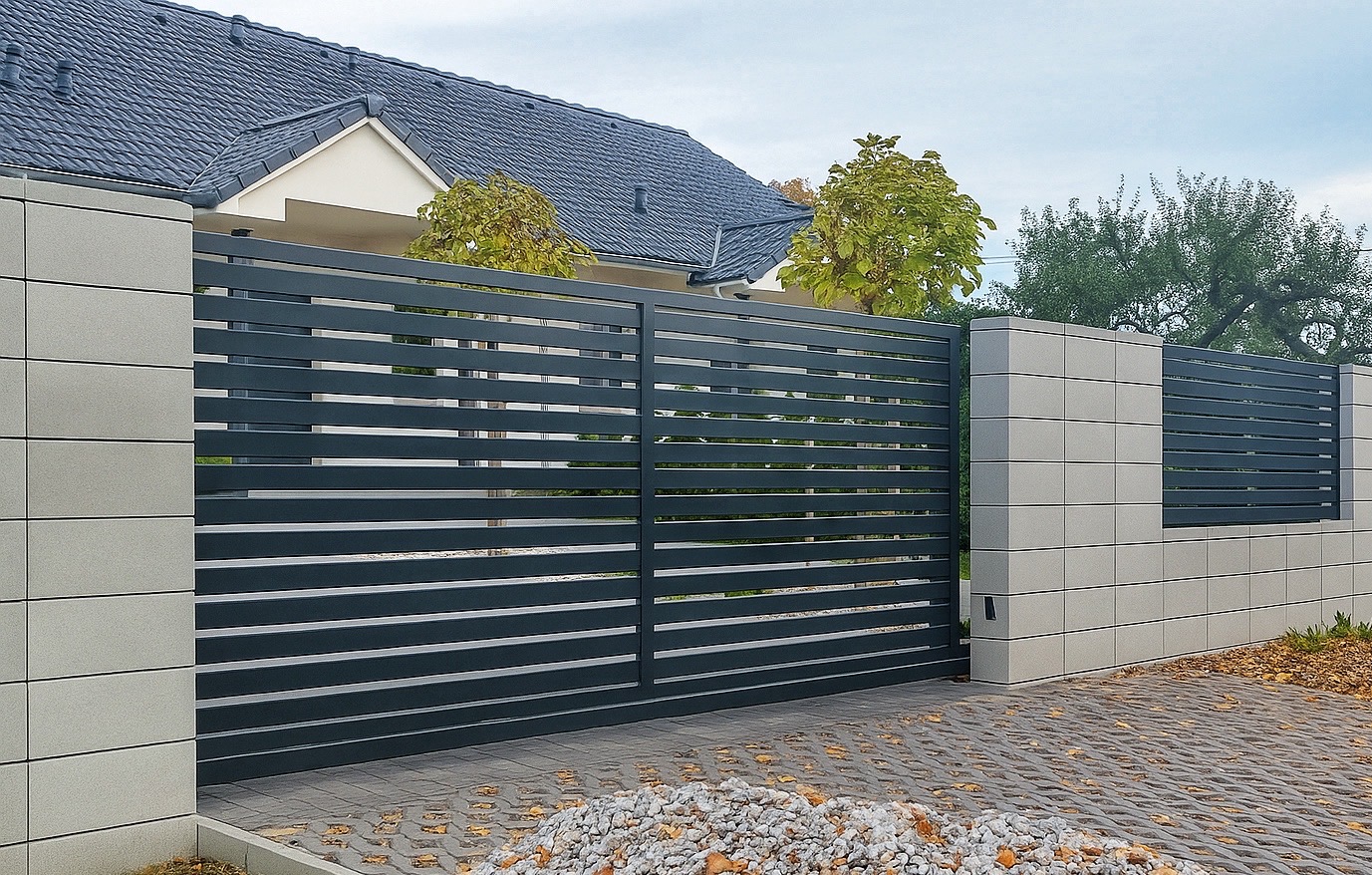Nowoczesna, przesuwna brama wjazdowa z poziomych, szarych paneli, osadzona w słupkach z szarej kostki. Tło: dom z ciemnym dachem i jesienne drzewa.