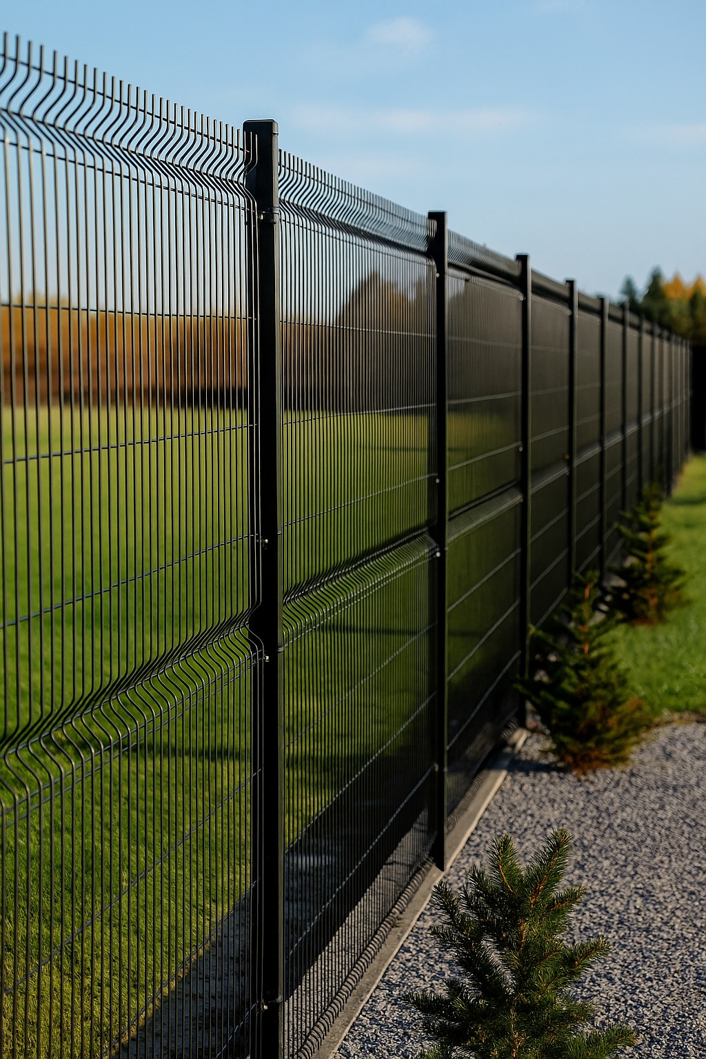 Długi, czarny panelowy płot z zielonym trawnikiem w tle i młodymi drzewkami iglastymi wzdłuż ścieżki z szarego żwiru. Błękitne niebo w górnej części kadru.